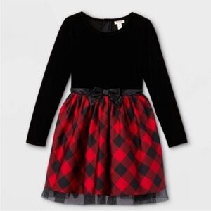 Cat and Jack sz XS 4/5 black velour long sleeve and plaid skirt dress